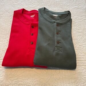 Lands' End Men's Waffle Knit Henley Long Sleeve Shirts- Lot of 2- Red & Green L